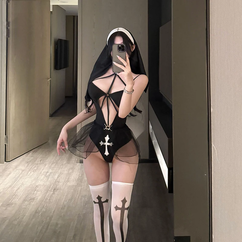 

Women's Sexy Hollow Out Black Nun Cosplay Costume Set Bodysuit Dancer Outfit For Halloween Party Stage Role Play Maid Lingerie