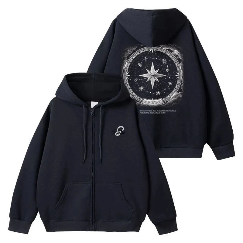 Stray Kids STAY Compass Starry Sky Zip Up Hoodie Front Back Print Kpop Fan Merch Unisex Oversized Hooded Sweatshirt Streetwear