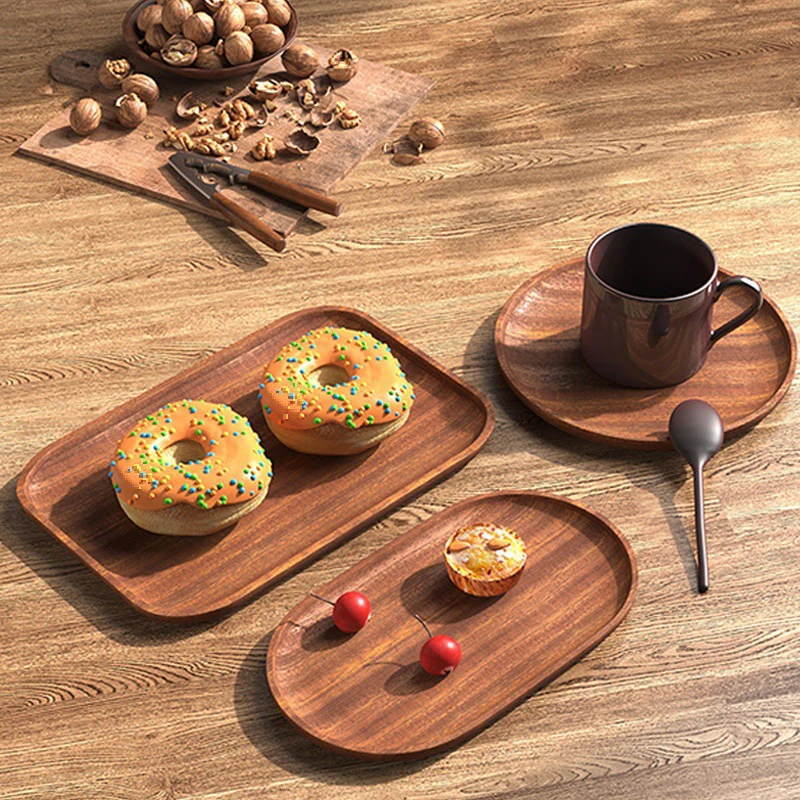 Large Size Walnut Wooden Tray Ins Wind Wooden Plate Dinner Plate Cake Bread Coffee Tea Solid Wood Plate Tray Serving Table Plate