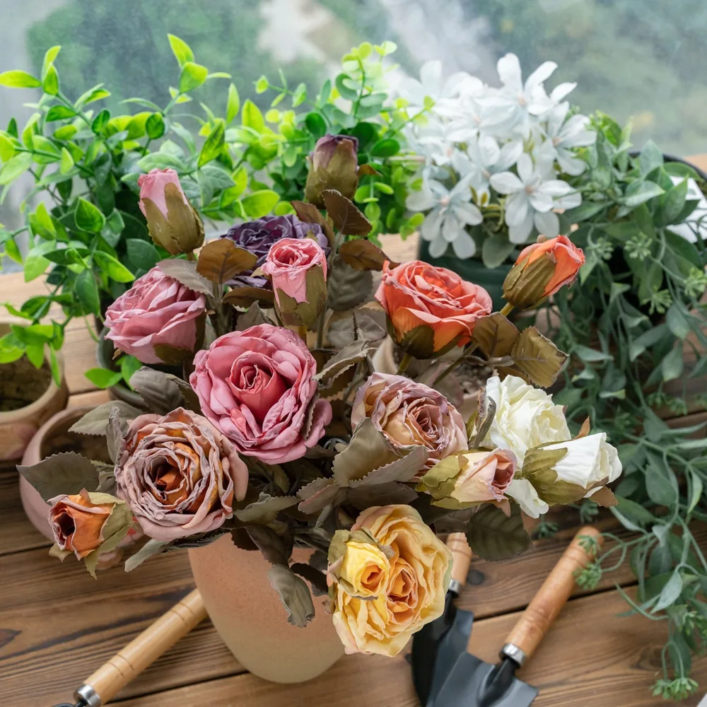 12 Polegada cabeça dupla artificial rosa flores falsas para buquê de casamento decoração da parede casa arranjo floral prop