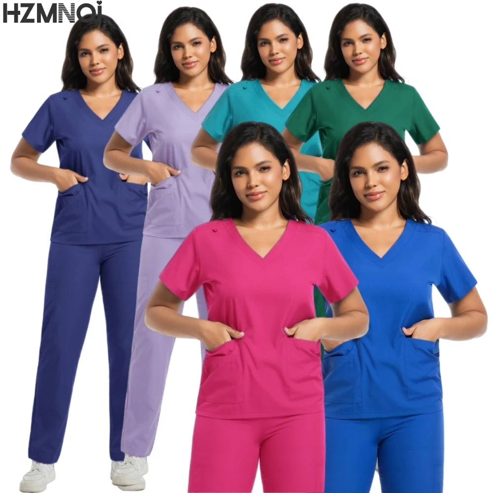 

Scrubs Set for Women Nursing Uniforms Two Piece Shorts Sleeve Pocket Tops Loose Pants Beauty Salon Workwear Overalls Plus Size