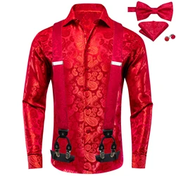 Hi-Tie Red Silk Mens Shirts with Braces Bowtie Hanky Cufflinks Suspender Long Sleeve Shirt Jacquard Male Wedding Business Prom