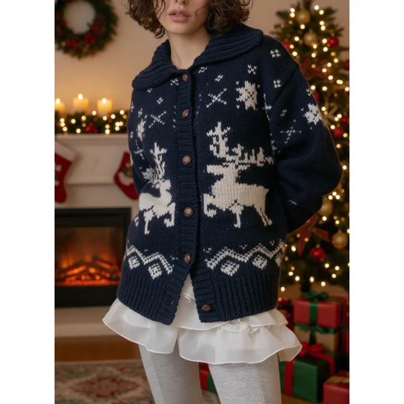 

Tinaa Christmas Elk Print Cardigan for Women 2025 Winter Loose Turn Down Collar Long Sleeve Single Breasted Spliced Knitwear