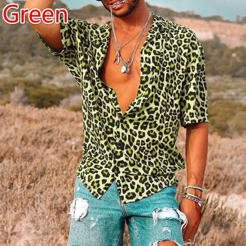 

Fashion Mens Summer Hawaiian Shirt Leopard 3d Print Shirt Short Sleeve Casual Plus Size Beach Shirts Street Lapel Blouse Camisa