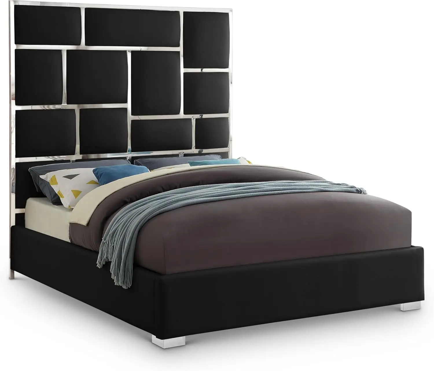 Meridian Furniture Milanblack-K Milan Collection Modern | Contemporary Vegan Leather Upholstered Bed, Custom Chrome Metal Legs,