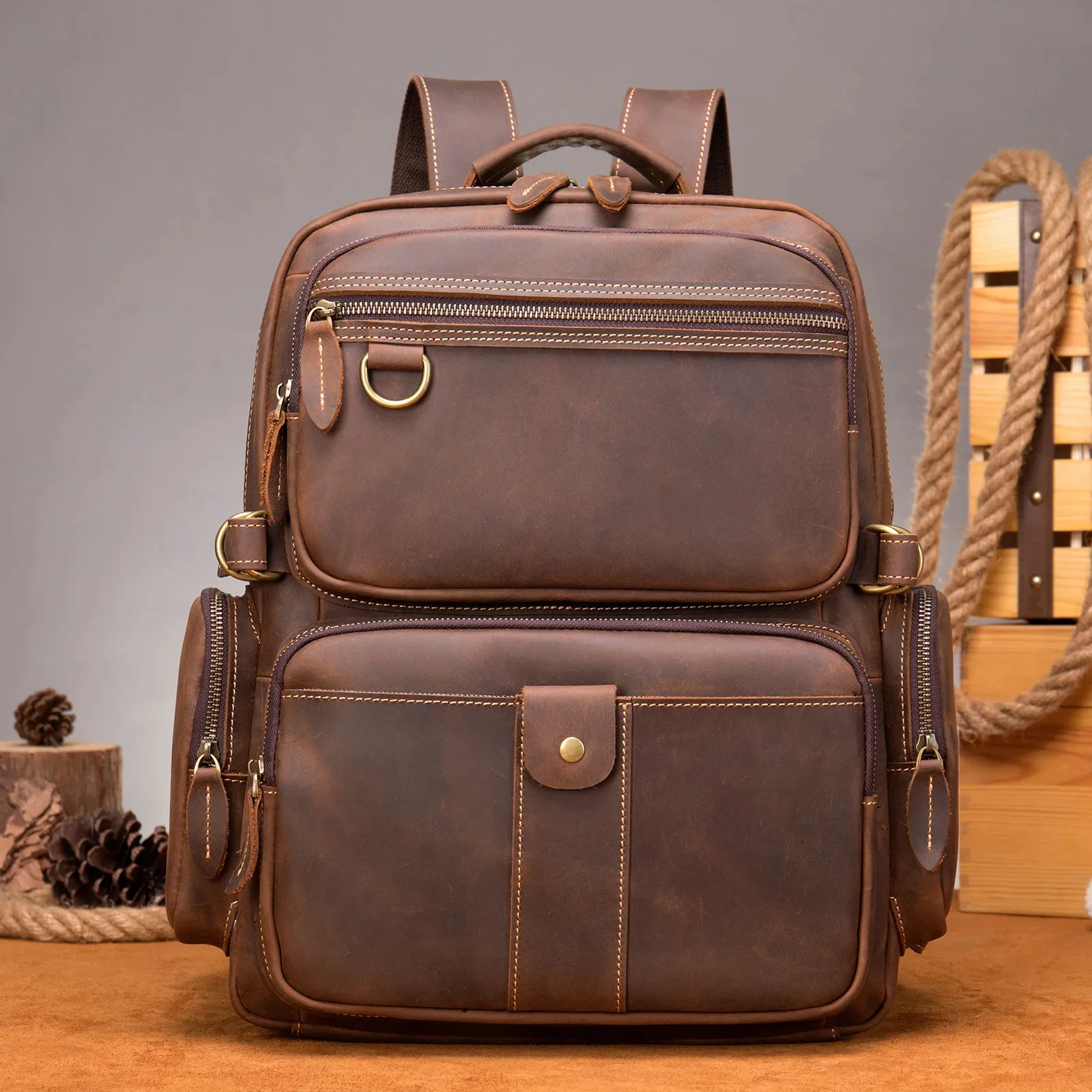 Men's Full Grain Leather Backpack Genuine Real Cowhide Computer Laptop Bag 15.6