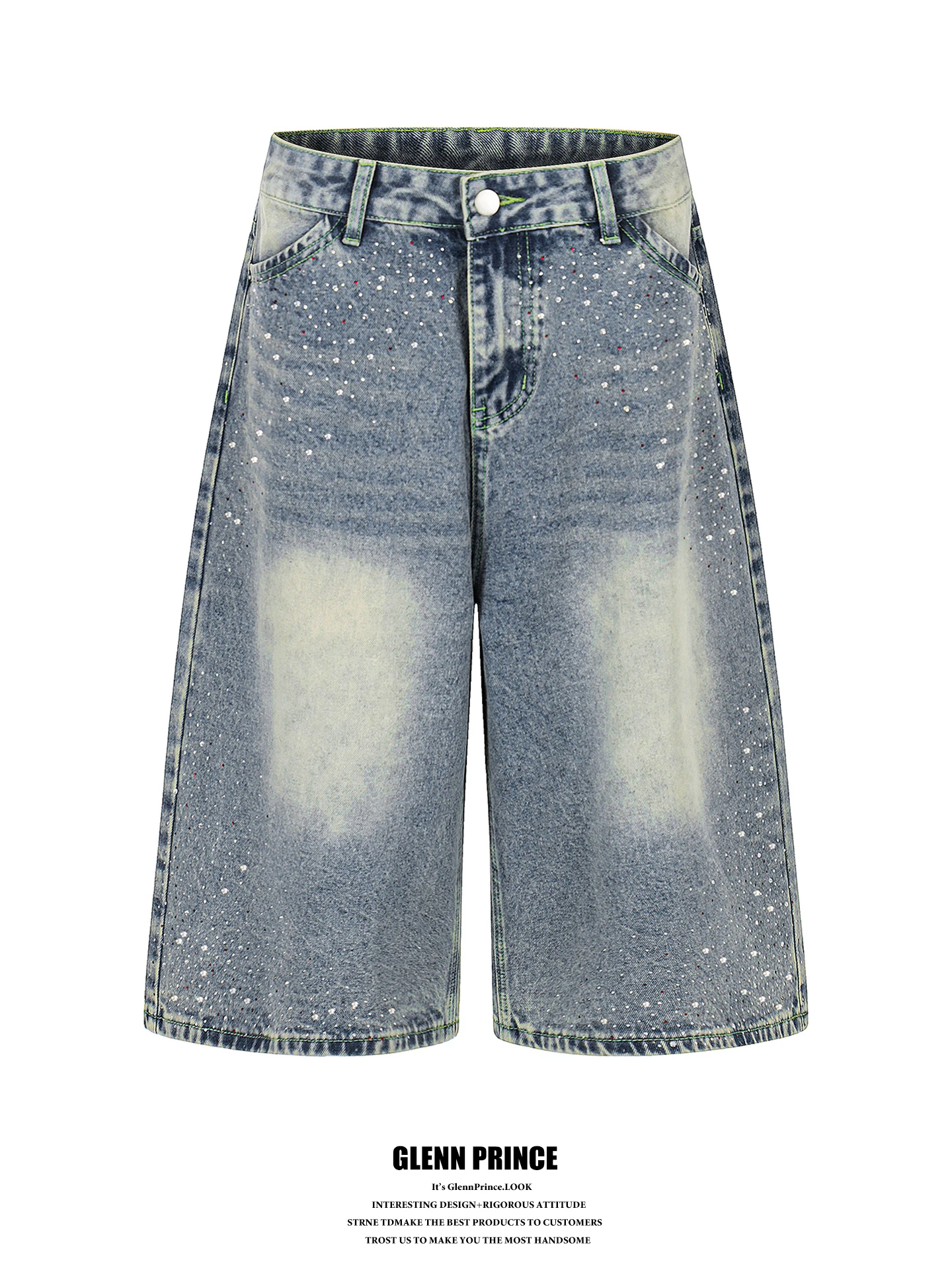 

American Retro Washed Diamond Embellished Men's Summer Slim Fit Wide Leg Seven-Foot Jeans Casual Wear Cotton Polyester Blend