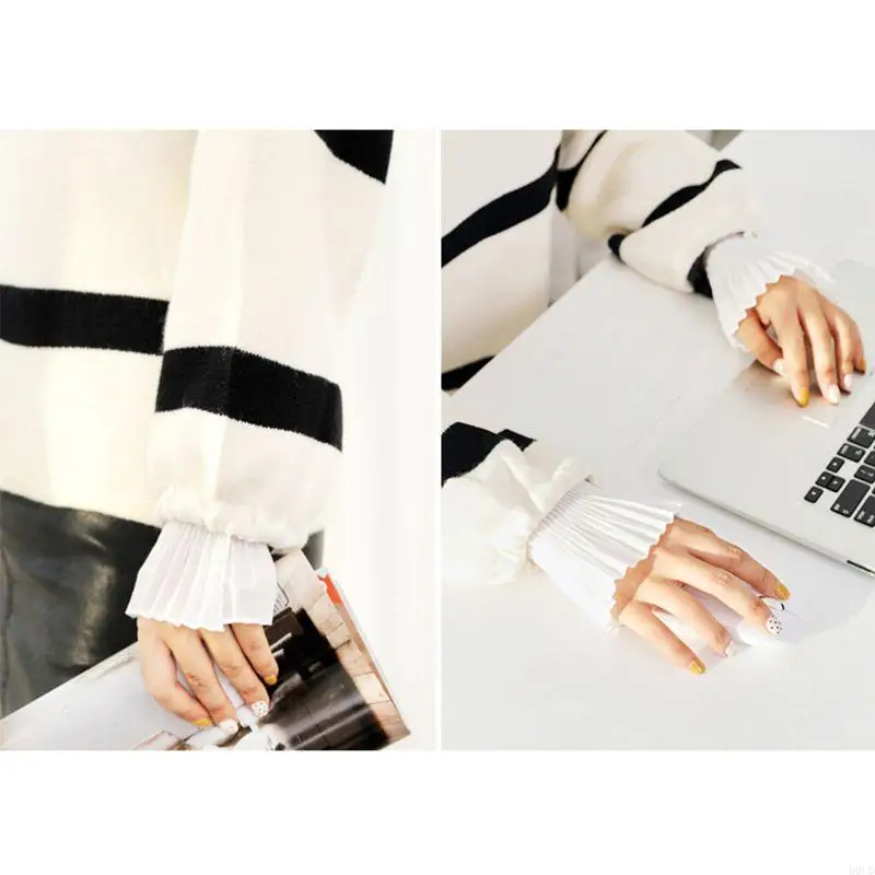 D0UD 1Pair Elegant Floral Lace False Cuffs Pleated Horn Cuffs Detachable Shirt Fake Sleeve Cuffs Wrist Warmers for Women Girl