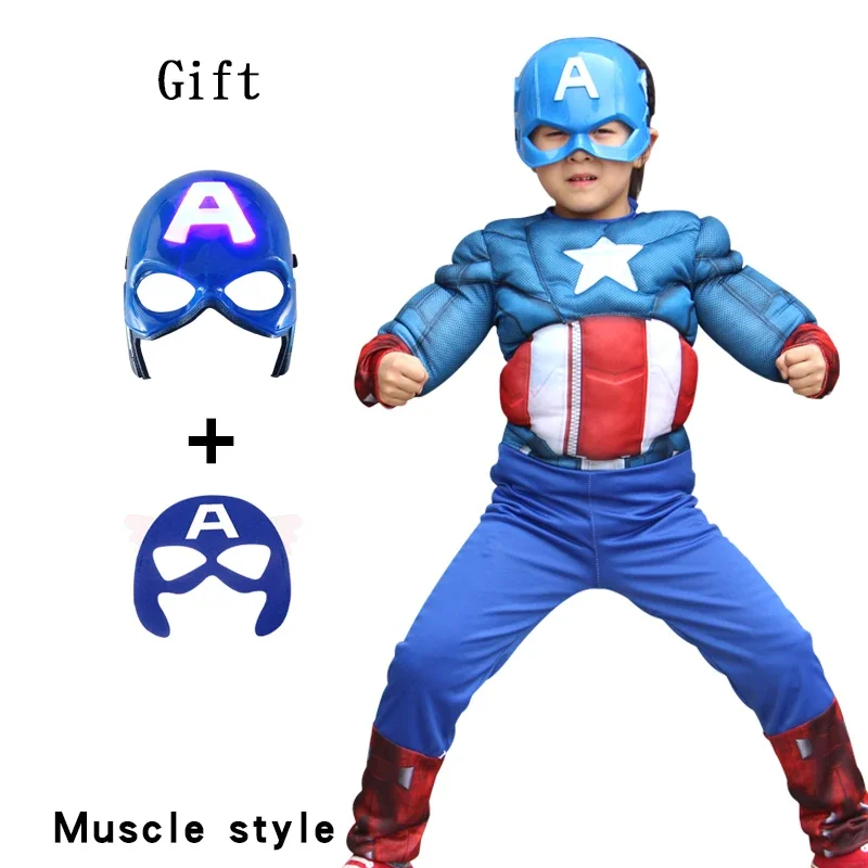 Movie Superhero Muscle Kids Captain America Costume Boy Girl Cosplay with Lightting Mask Birthday Party Gift