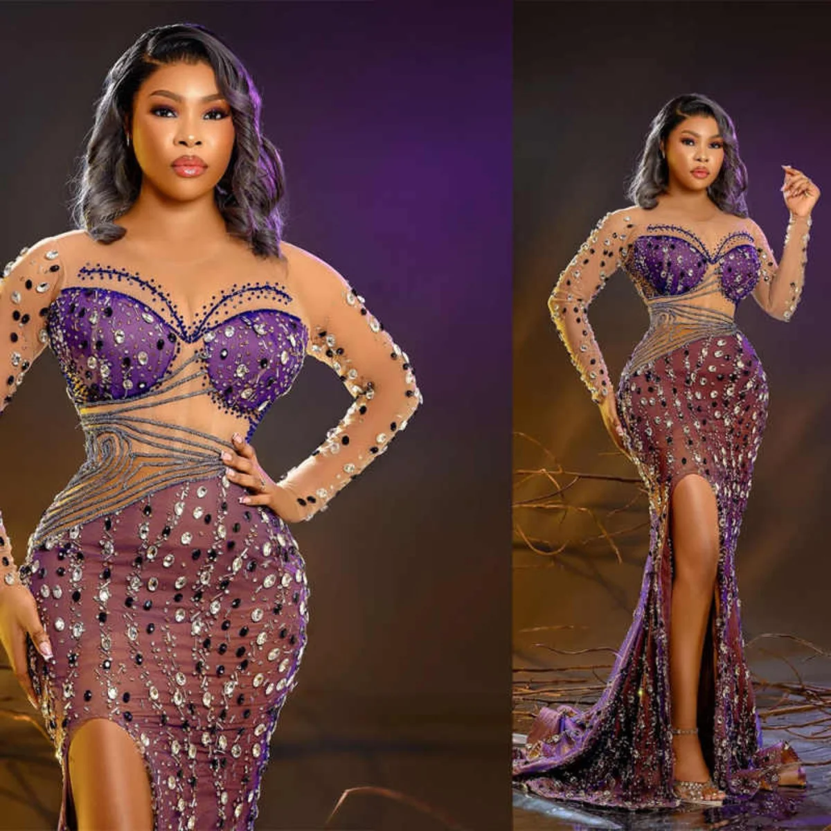 

Glitter Evening Dresses Jewel Long Sleeves Crystals High Slit Dress Vestidos De Gala Grand Prom Party Gowns Customized