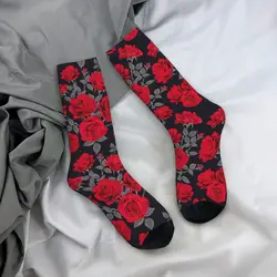 Chaussettes Vintage en Polyester pour hommes et femmes, nouveauté, chaussettes de Sport en Polyester à fleurs de Rose rouge, printemps été automne hiver