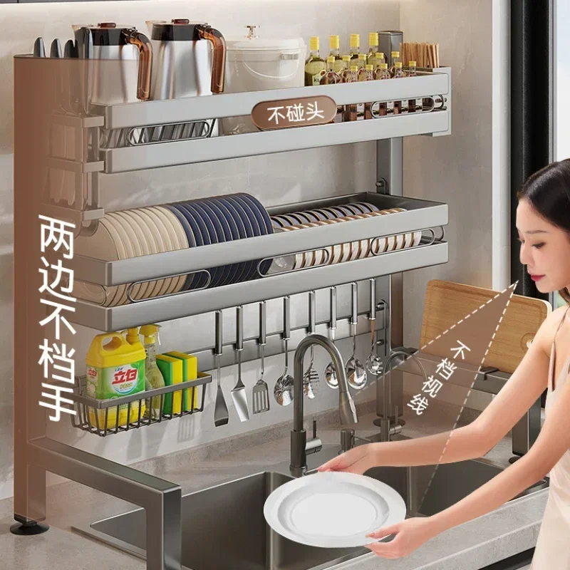 Multifunctional Dish Drainer Kitchen Sink Dishwashing Rack Double Layers Carbon Steel Storage Shelf Breathable Cutler Organizer view 5
