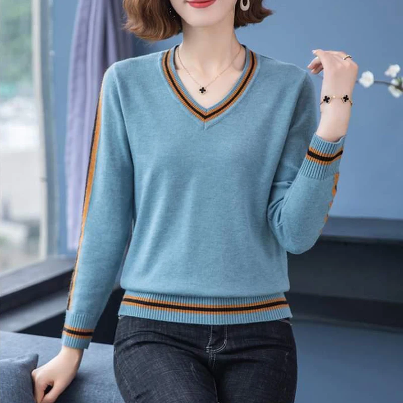 Women Korean Fashion Striped Patchwork Knitted Sweater Spring Autumn Casual V Neck Long Sleeve Pullover Tops Female Loose Jumper