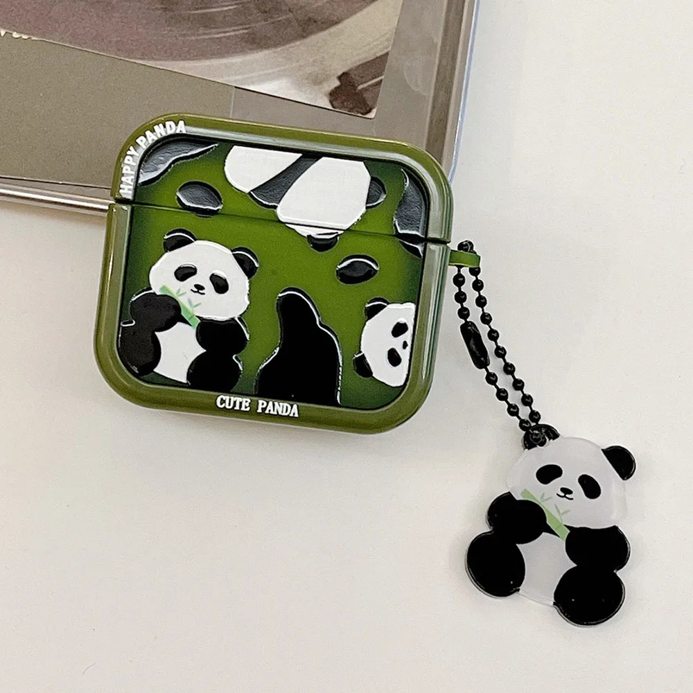 Cute Cartoon Happy Panda Headset Case For Apple AirPods 1 2 Pro Green Square Earphone Protective Fundas AirPod 3 with Pendant