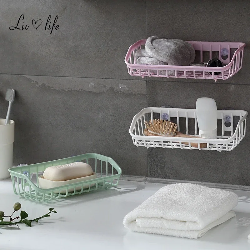 Plastic Sink Shelf Kitchen Sponge Holder Rack Drain Basket With Double Suction Cups For Home Bathroom Bathroom Shelves Kitchen