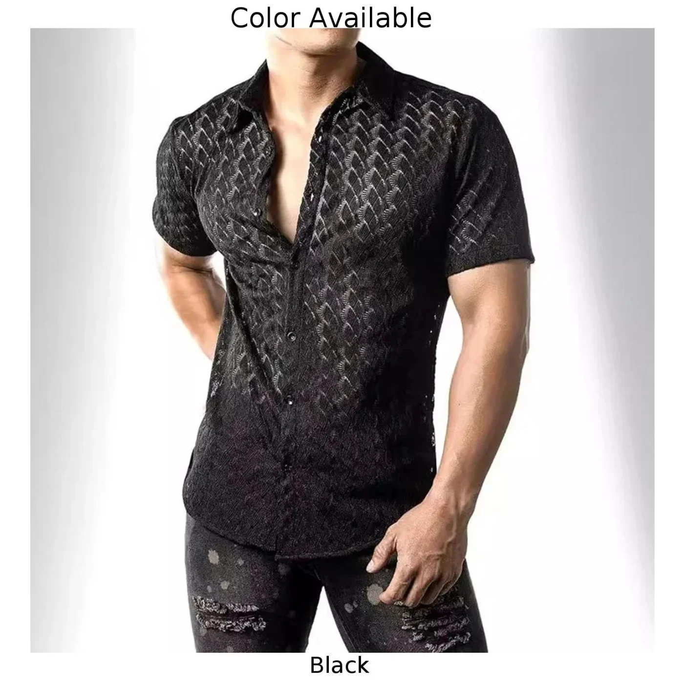 Mens Summer Mesh See Through Lace Short Sleeve Shirts Sexy Party Nightclub Tops