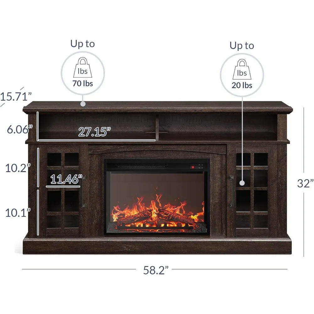 58 Inch Rural Style TV Cabinet with Electric Fireplace Heater and Sound, Suitable for TVs Up To 65 Inches in Size