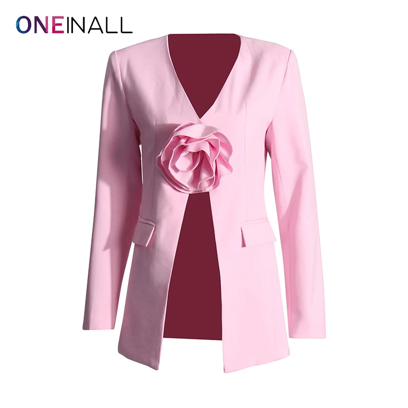 

ONEINALL Spliced Botton Coat For Women V Neck Long Sleeve Patchwork Applique Temperament Blazer Female Fashion Clothes Style