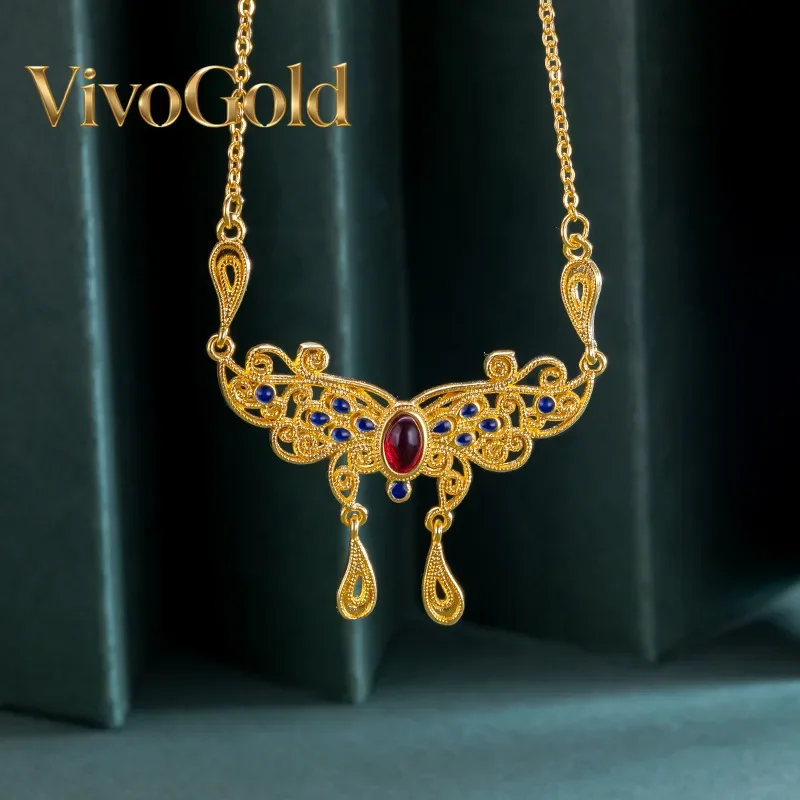 VivoGoldWomen 9999 24K Real Gold Butterfly Set Chain Butterfly Ruby Phoenix Tail O Character Collarbone Chain Necklace Jewelry P
