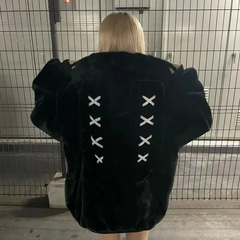 Black Faux Fur Coat for Women with Bunny Ears Autumn Winter Kawaii Girls Loose Fluffy Jacket Hoodie Coat Thickened Warmth Parkas