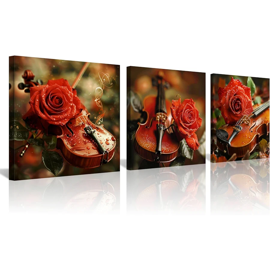 3 pcs diamond embroidery music themed posters featuring red roses and violin 5D DIY diamond painting mosaic cross stitch decor