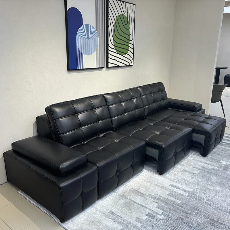 المنزل الذكي الحديث الكهربائية السوداء للتمديد أريكة سرير طقم أريكة جلدية عالية الظهر كبير يجلس وظيفة عميقة أريكة قابلة للسحب #3