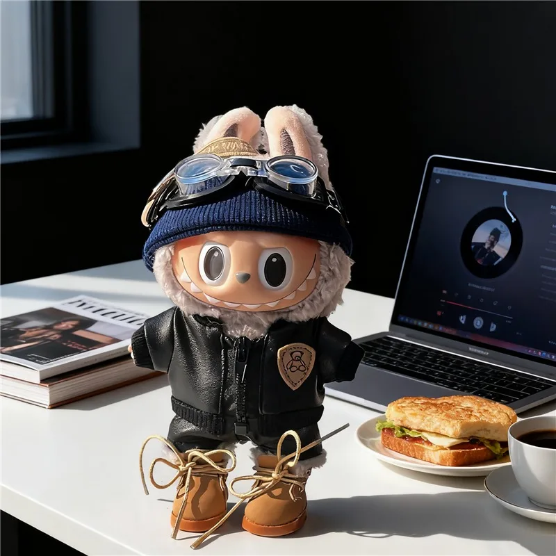 

15 17cm For Labubu Doll Cool Boy Man Leather Jacket Coat Clothes Black Zipper Bear Hoodie Shoes Headset Clothing Accessories