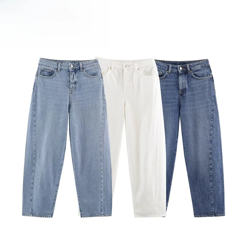 High Waist Patchwork Design Fashionable Wind Straight Leg Jeans Women's Casual Pants High Waist Polyester Fiber Zipper Closure
