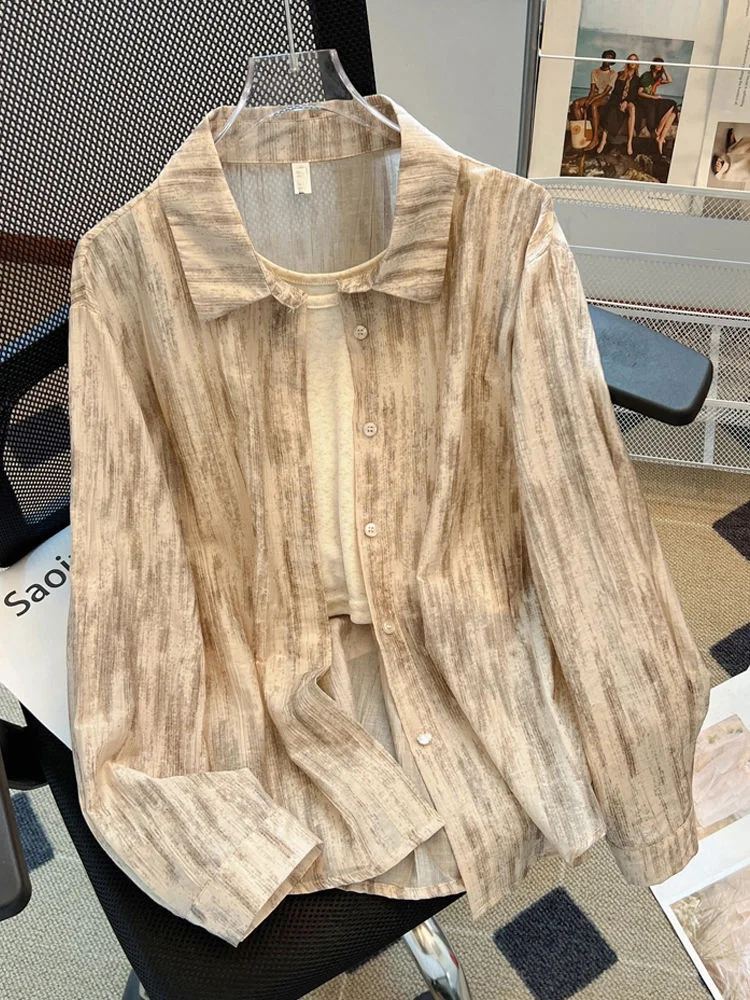 

Ретро Гонконг Sle Tie Dye Sun Protection Long Sve Женский irt Ele Ультра красивый шифоновый топ Весна Лето Новинка ...