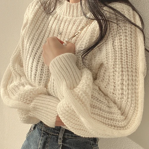 여성용 루즈 빈티지 하라주쿠 랜턴 긴팔 스웨터, 한국 가을 겨울 니트웨어, 부드럽고 따뜻한 상의, 시크한 단색 팜므 스웨터