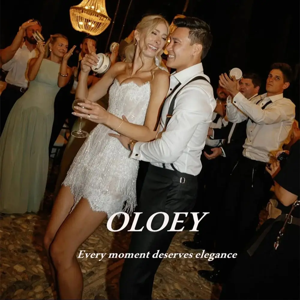 OLOEY Luxury Strapless Mermaid Short Wedding Dress Sequines Lace Mini Bridal Gown Customized Lace-up Back Vestido De Noiva