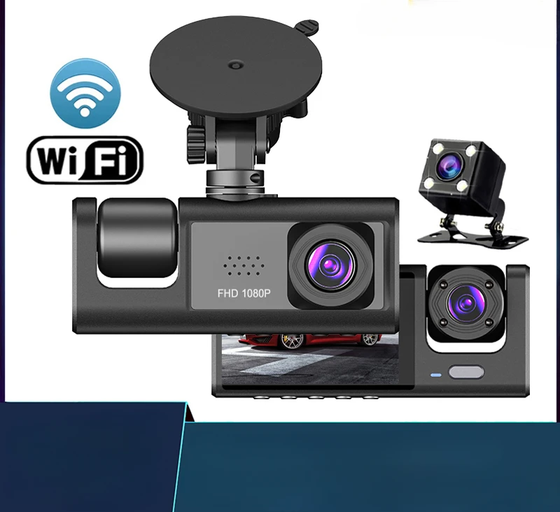 WiFi 3 canales Mini coche cámara de salpicadero de tres vías dentro de la cámara del vehículo DVR grabadora FHD 1080P Video Dashcam videocámara