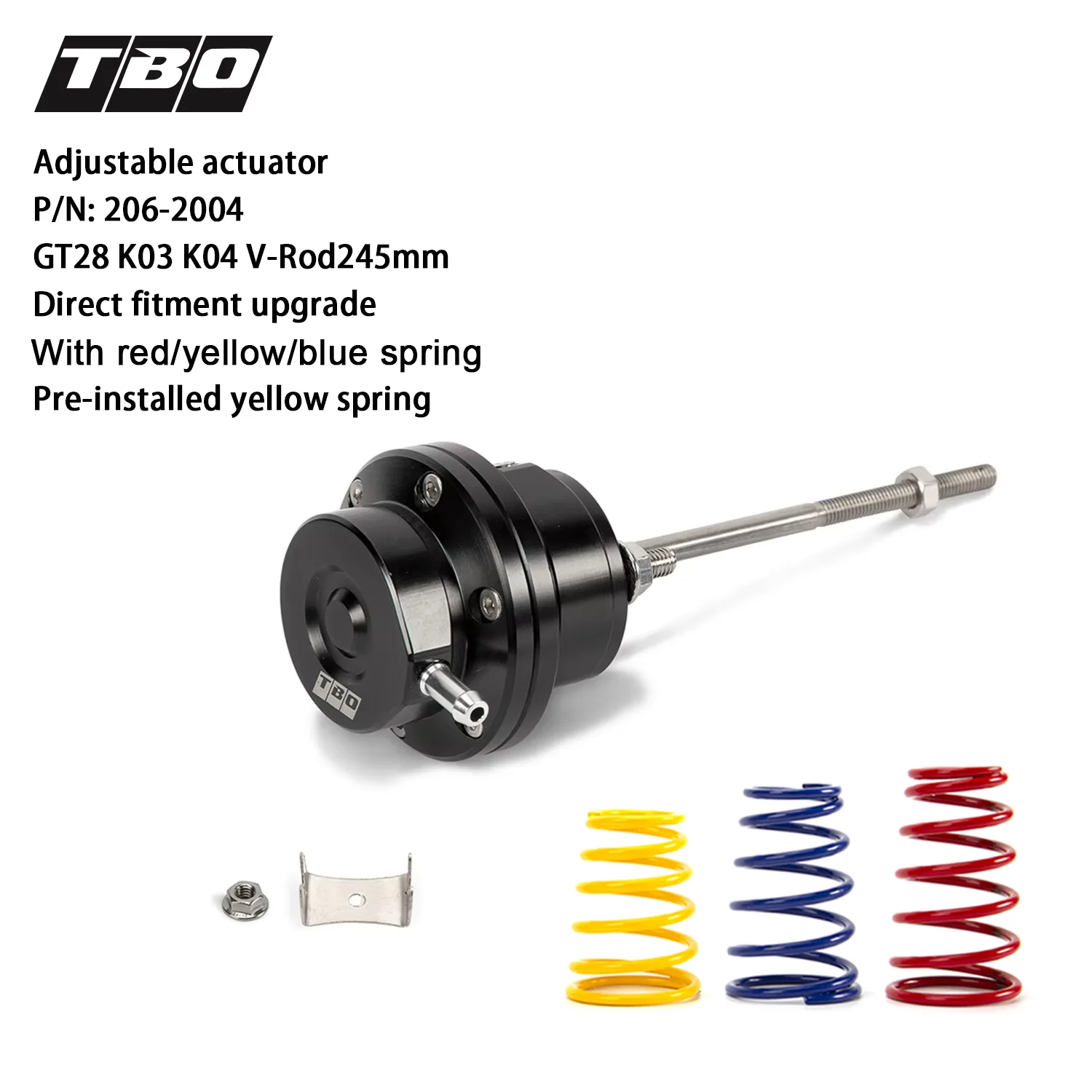 

Turbo Wastegate Adjustable Actuator V-Rod245mm For GT28 K03 K04 Turbo Direct Fitment With Green/Yellow/Blue Spring