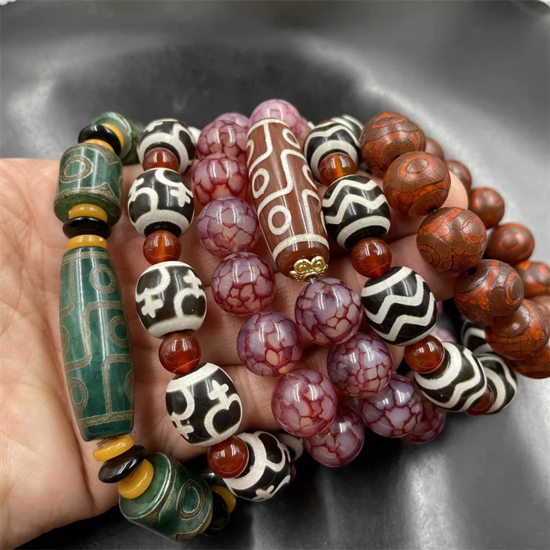 Pulsera Retro tibetana con cuentas de cielo de tres ojos, brazalete de ágata, jarrón en blanco y negro, ondulación de agua, Fénix, Escala de dragón de sangre, Brac