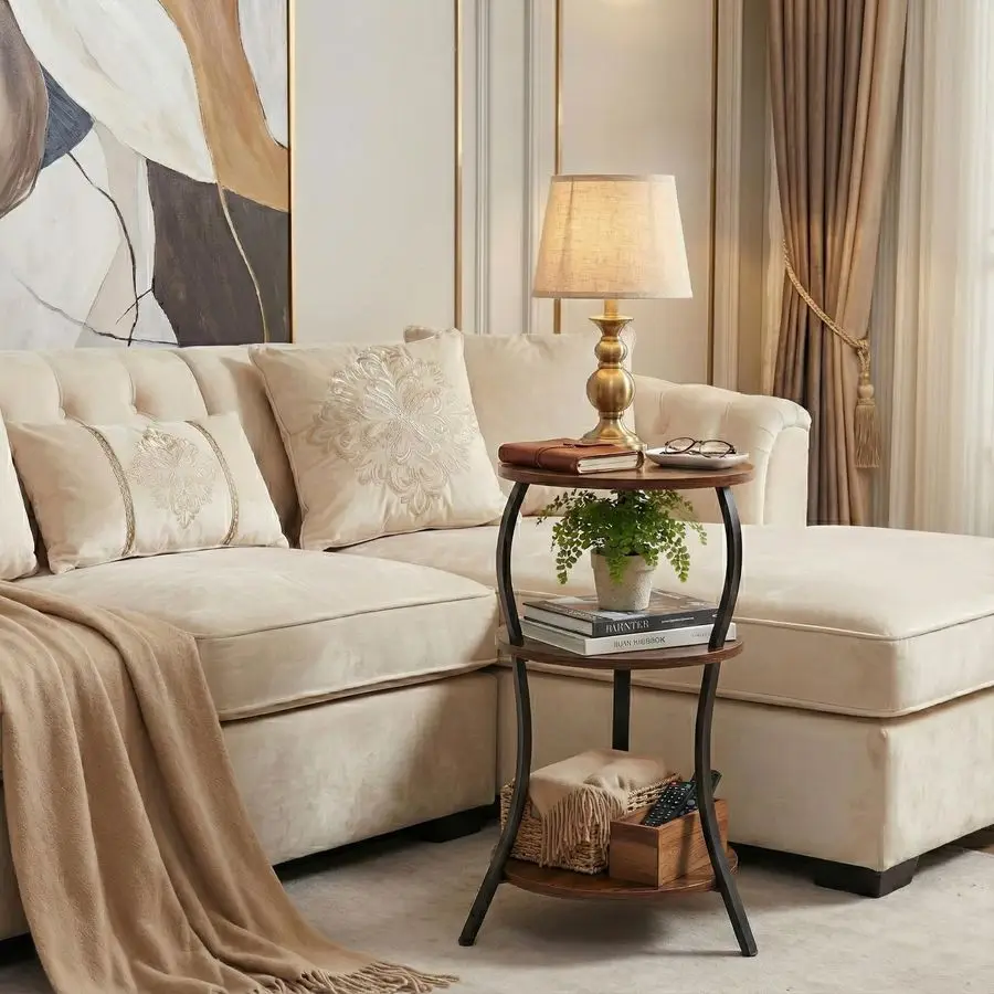 Small Round Side Table, 3Tier Slim Waist Circular End Table with Storage Shelf, Compact Tea Sofa Table, Round Corner Coffee Tab