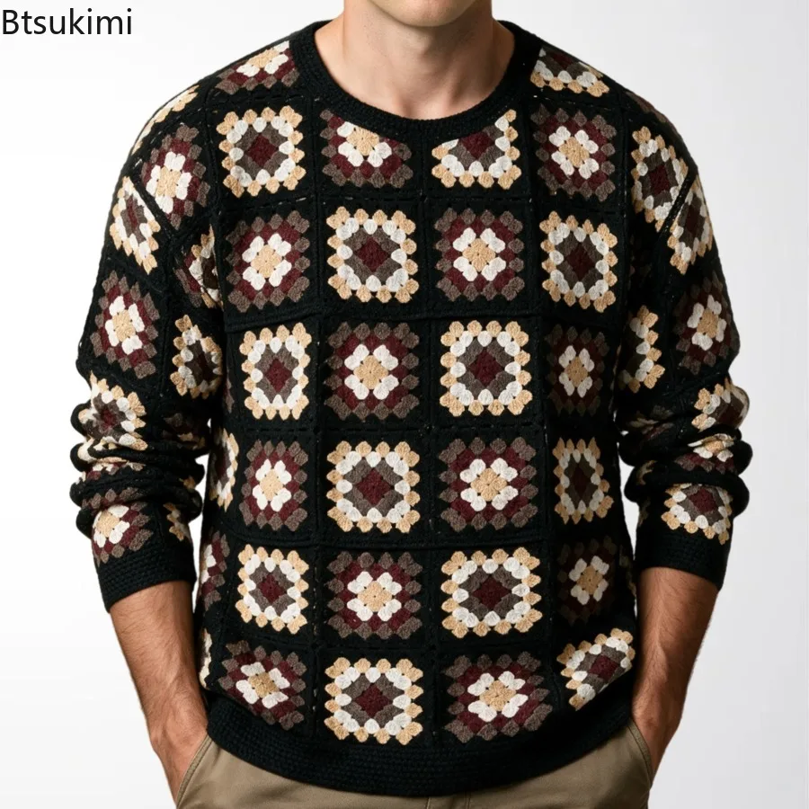 American Retro Color Blocked Sweaters Men's Long Sleeve Knitted Pullovers Ethnic Style Crochet Knit Sweater Loose Versatile Tops