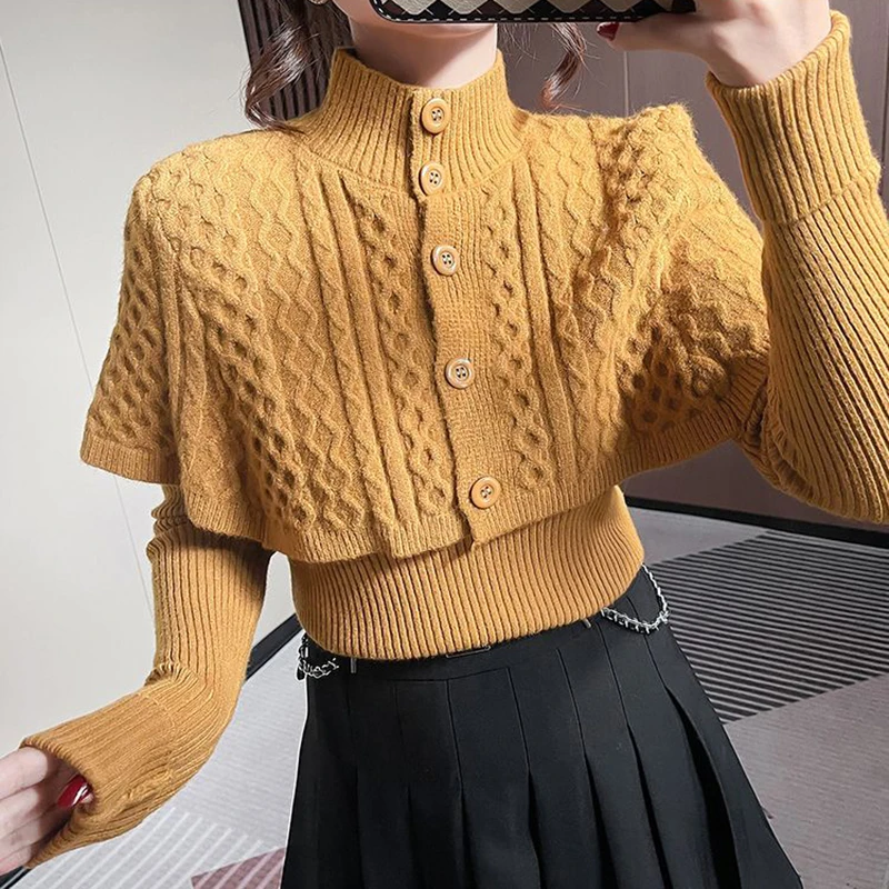 Lucyever Vintage Turtleneck Women Sweaters Fashion Shawl Two Piece Knitted Sweater Woman 2023 Autumn Winter Chic Button Jumper