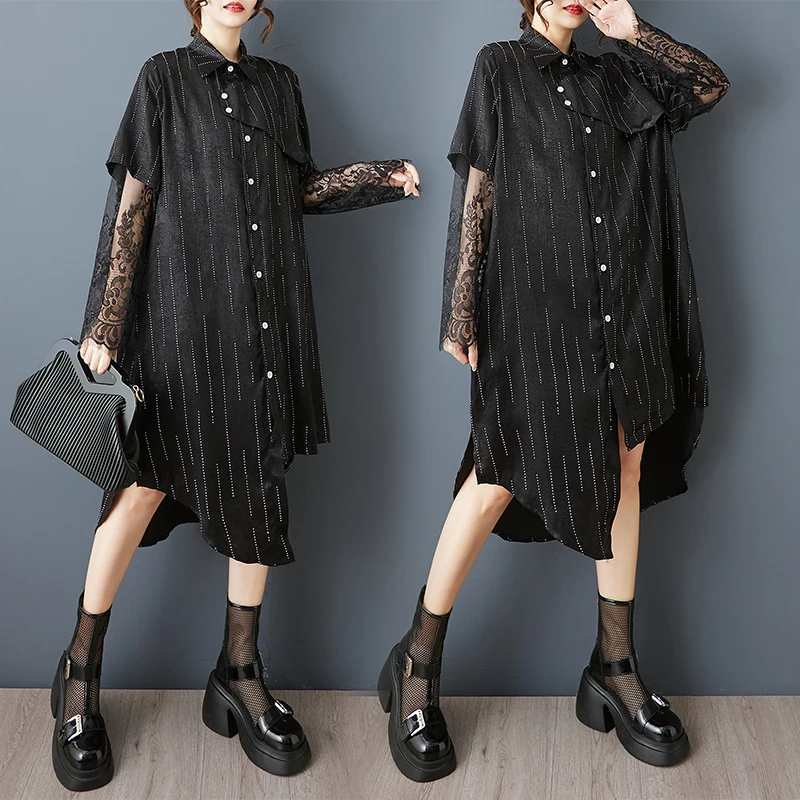 Loose Lace Insert Asymmetrical irt Dr Striped Patchwork Faion Design Summer Women's plus Size Dr  Collar Long S...