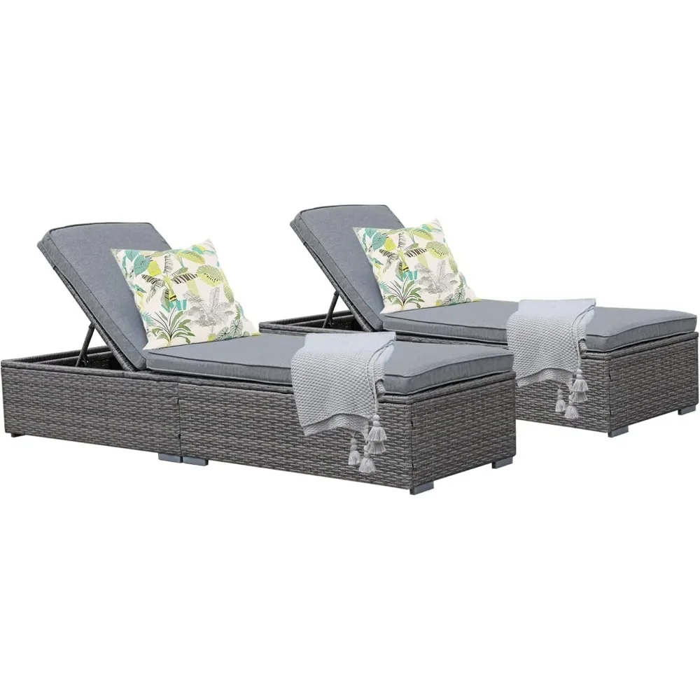 Chaise longue réglable en rotin avec coussin, chaise longue de piscine, inclinable et élégante, gris, PE, WUNICEF, extérieur