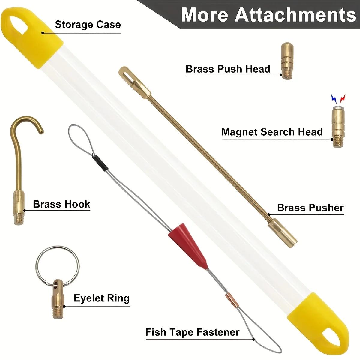 11' Fiberglass Running Electrical Wire Cable Pulling Fish Tape Kit with 5 Different Attachments & Fish Tape Tool in a Case