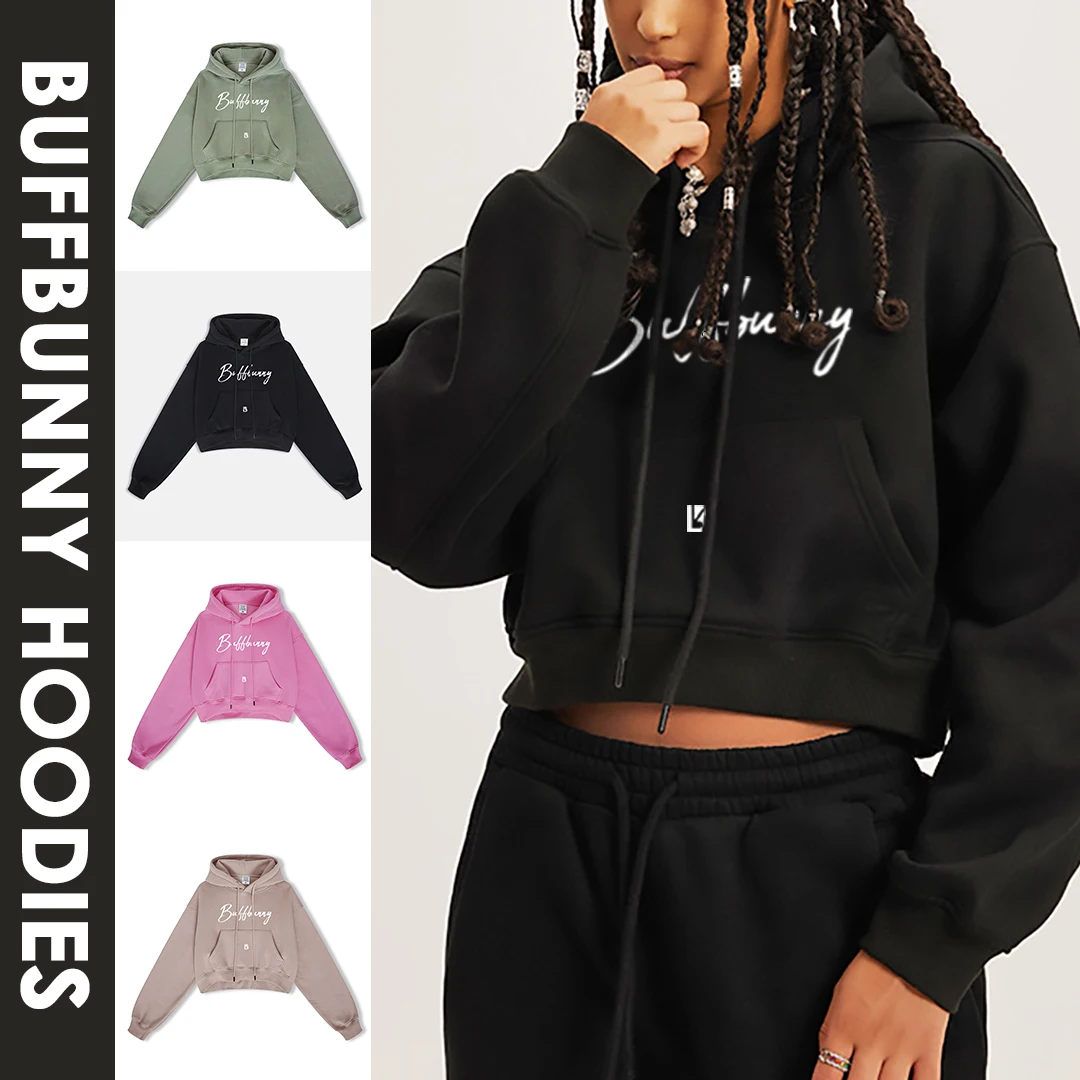 

Buffbunny Hoodies Women Winter Fashion Clothing 345g Fleece Inner High Quality Crop Top Womans Gym Wear Fitness Outfit