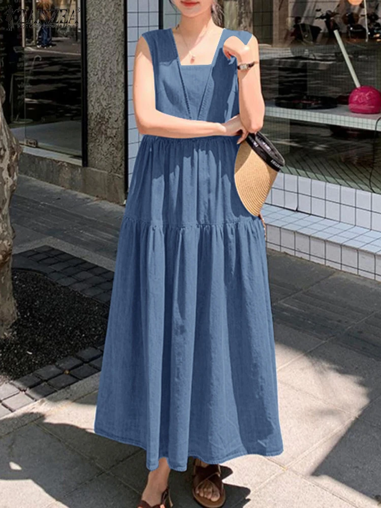 Stylish Ruffles Holiday Party Dresses 2024 ZANZEA Summer Dress Denim Blue Sundress Women Square Neck Sleeveless Holiday Robe