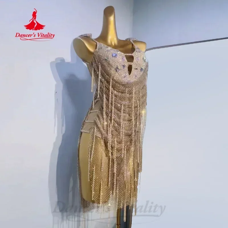 Costume de Compétition de brevLatine pour Femme, Robe à Franges en Maille de Charbon AB Haut de Gamme Personnalisée, Tenue de Performance Tango Samba pour Enfant