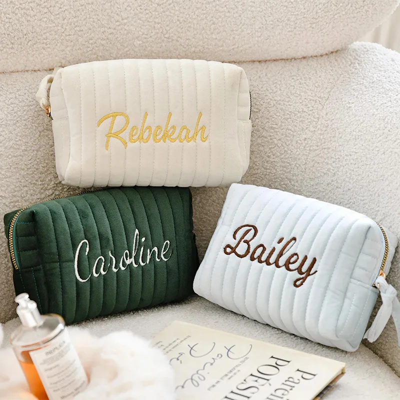 Personalized Velvet Makeup Bag,Custom Bridesmaid Gift,Monogram Embroidered Cosmetic Bag,Travel Toiletry OrganizerGift for Her