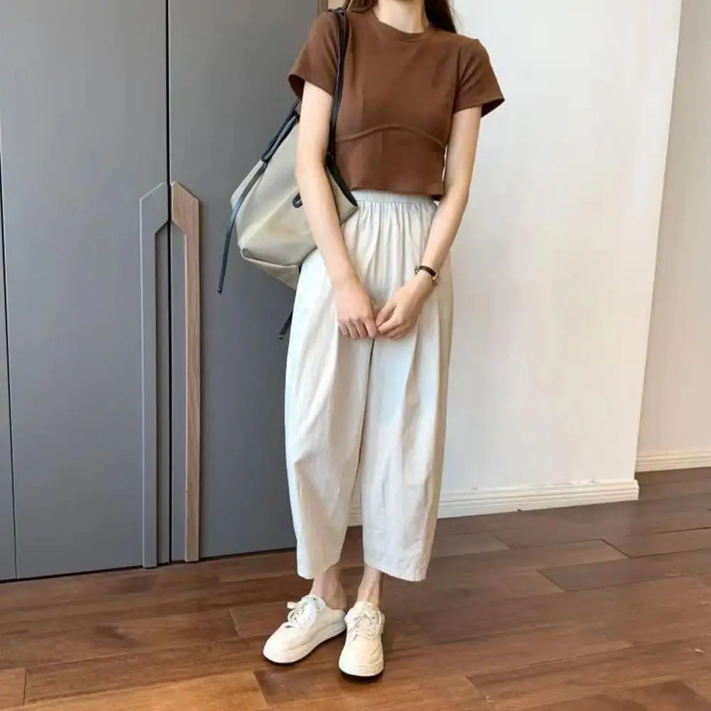 

Solid Color Long Pants Wide Leg Women's Harem Pants Elastic Waist Adjustable Drawstring Multi-pocketed Casual Trousers for A