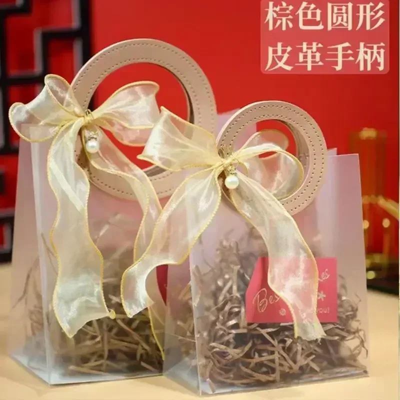 10pcs High-end Leather Tote Handbag PVC Matte Semi Transparent Gift Bag Birthday Wedding Carrying Plastic Handheld Packaging Bag
