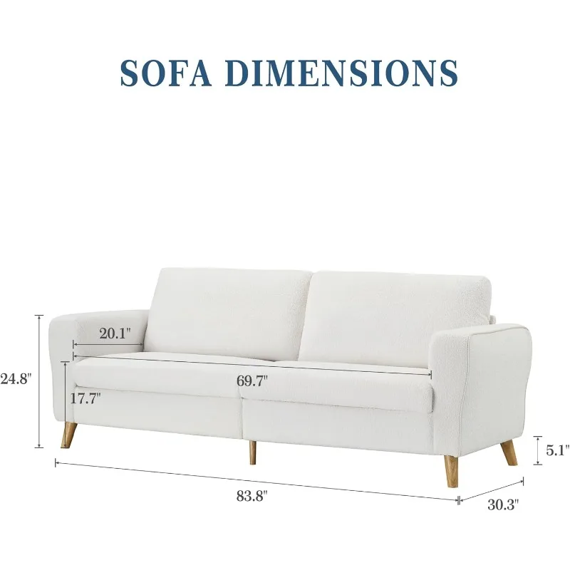 Sofá moderno de 3 lugares, sofá de meados do século de 84 polegadas com braços, sofás boucle para sala de estar, quarto, bege