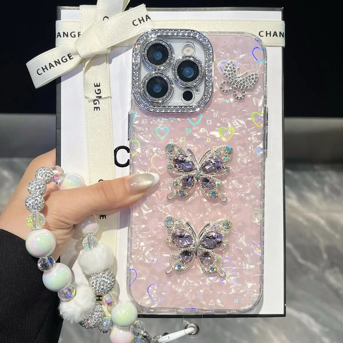 

High Quality Phone Case For iPhone 16 15 13 12 11 14 Pro Max Luxury Butterfly Cover with chain For iPhone 15 16 Pro max
