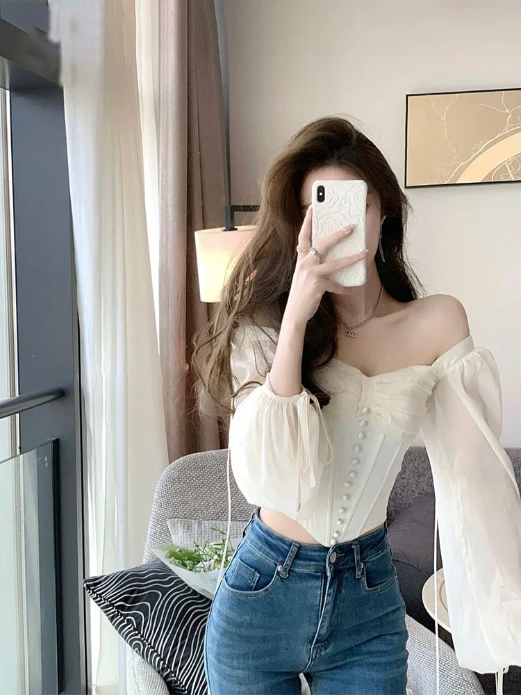 Sexy Blusas Mujer Slash Neck Off Shoulder Tunic Blouses for Women Fashion Chiffon Lantern Sleeve Shirts Crop Tops Summer Blouse