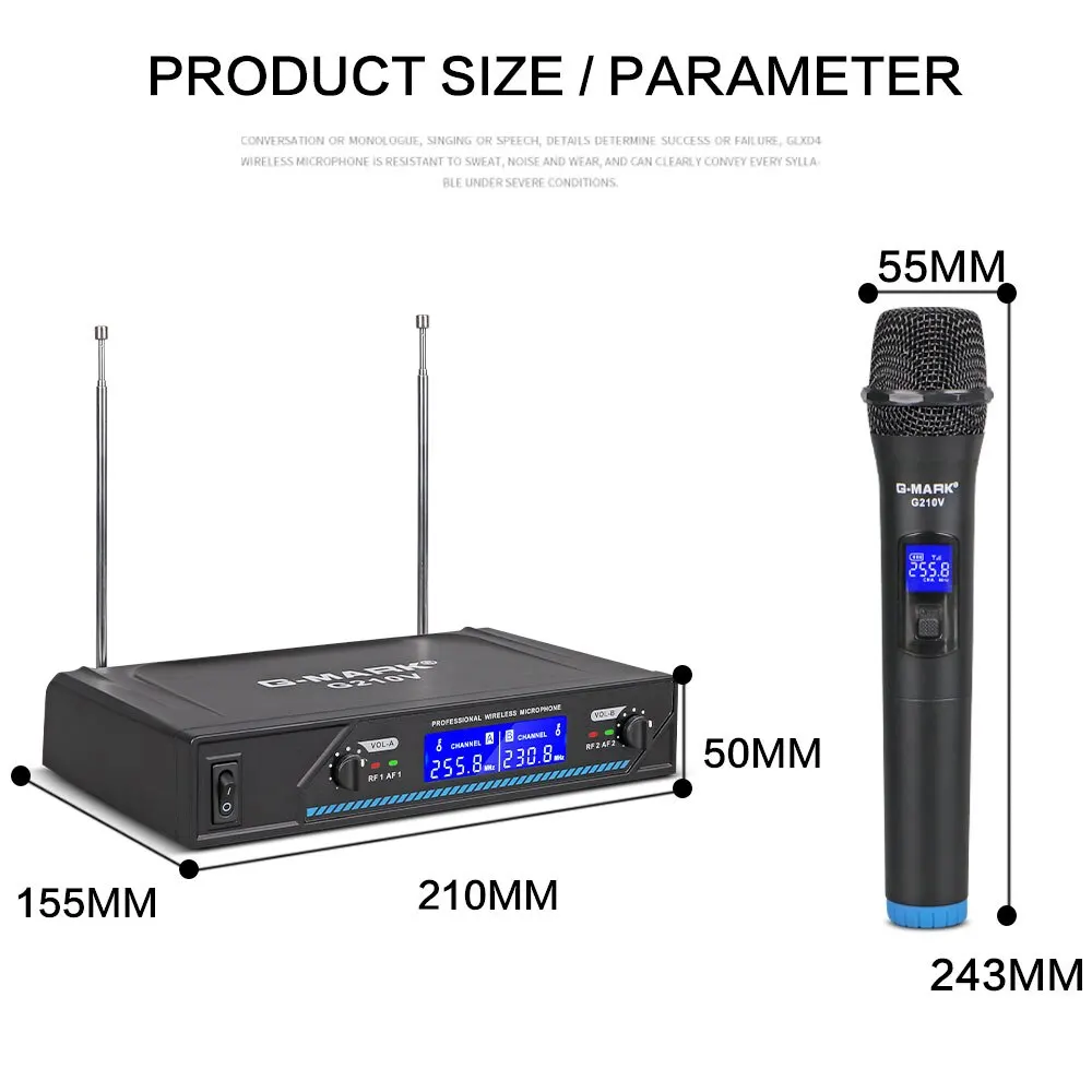 Microfone Sem Fio G-MARK G210V Profissional 2 Canais Handheld Karaoke Mic Para Festa Reunião Igreja Show Casa